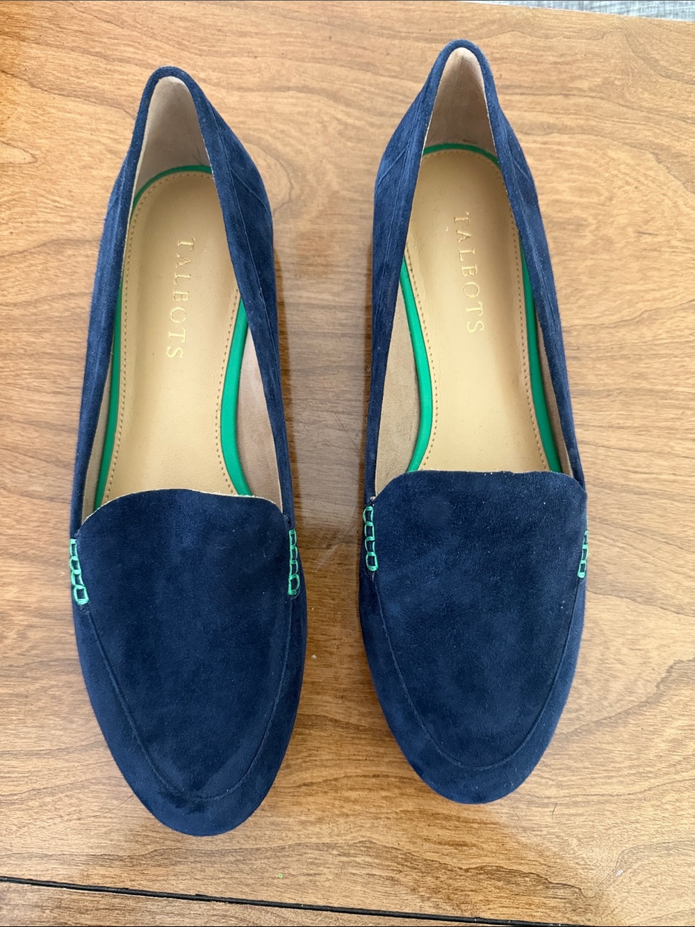 Talbots Navy Suede Loafers with Green Trim, 7.5
